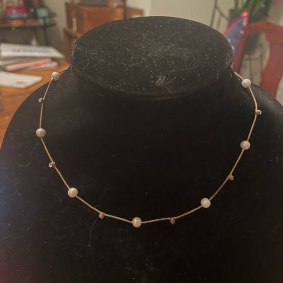 Faux Monet Mother Pearl and Rhinestone Station Gold Tone Snake Chain Necklace - Picture 1 of 2